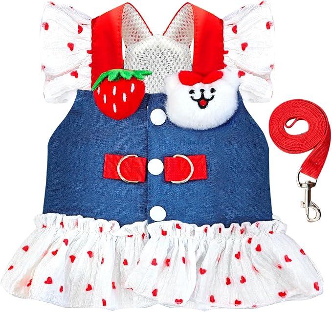 Small Dog Harness and Leash Set Denim Cat Harness Dress by AXIIJGL