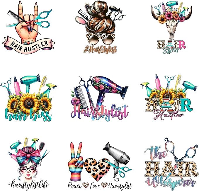 9pcs Hairstylist Women Iron On Heat Transfer Stickers Ready to Press Vinyl by Amazingxy