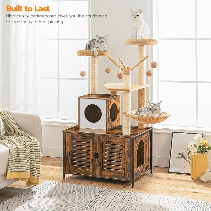 HOOBRO Cat Tree with Litter Box Enclosure, Scratching Posts, Litter Box - Image 2