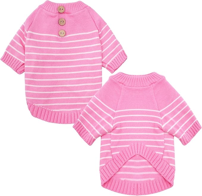 Dog Knitted Sweater with Wooden Buttons Cozy Pet Striped Winter Clothes - Image 2