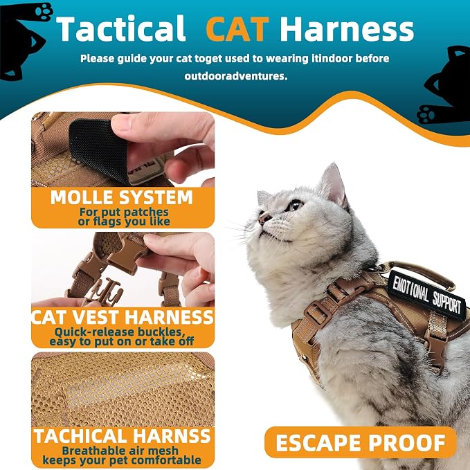 Tactical Cat Harness Khaki for Walking Esacpe Proof, Adjustable Soft Mesh Large - Image 3