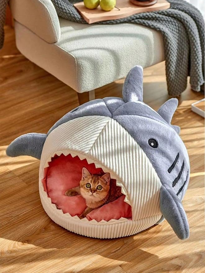 QWINEE Cat Mat Shark-Shaped Kennel Kitten Bed Hideout House Warm Soft - Image 2