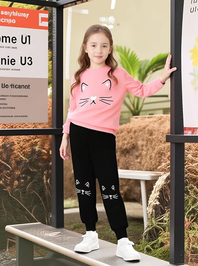 4-8T Toddler Girl Clothes Cat face print Short Sleeve Top+Pants Outfits Girl - Image 5