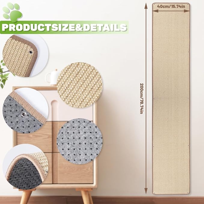 Natural Sisal Cat Wall Climbing Carpet, Wall Scratcher Carpet Mat Pad, Cat - Image 2