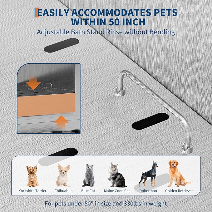 50 Inch Dog Washing Station, Stainless Steel Dog Bathtub with Left Ramps, Pet Dog Bathing Station with Floor Grate, Professional Dog Grooming Tub for Large, Medium, Small Pets - Image 9