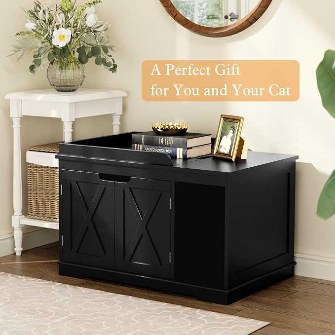 Flip Top Cat Litter Boxes Enclosure Covered Litter Box Hidden Furniture Wooden - Image 6