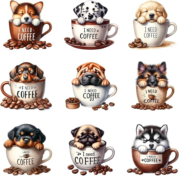 9pcs Coffee Dogs Iron On Heat Transfer Stickers Ready to Press Vinyl Decal by Amazingxy