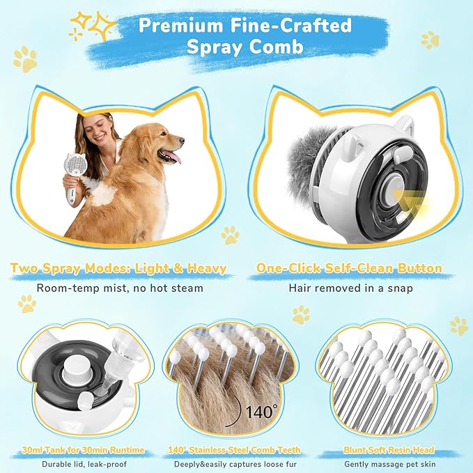 10in1 Pet Mist Spray Brush for Cat & Dog, Hair Health & Grooming Set - Image 4