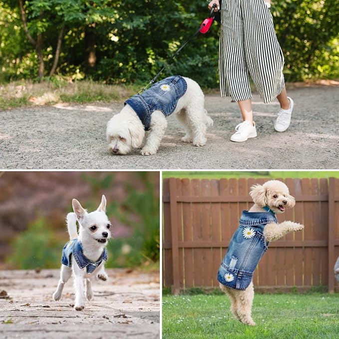 Dog Denim Jacket with Embroidered Daisy, Ripped Vintage Jean Vest - Image 3
