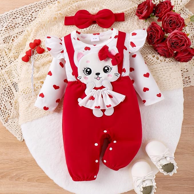 Baby Girl Clothes Newborn Romper Cute Cat Ruffled Long Sleeve Love Fall Winter - Image 9
