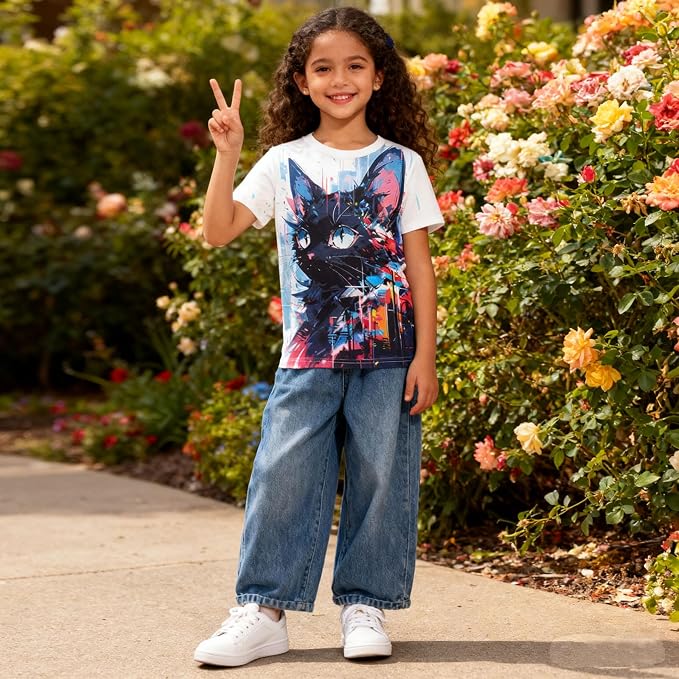 Funnycokid Girls Shirts Cat T Shirt Size 5-12 Clothes - Image 5
