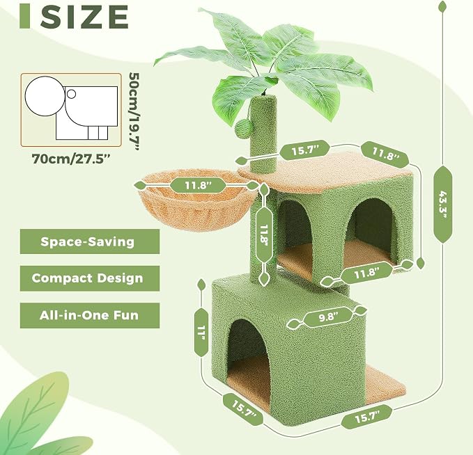 Green Cat Tree for Indoor Cats, Scratching Posts, Dual Condos and Cozy Hammocks - Image 2