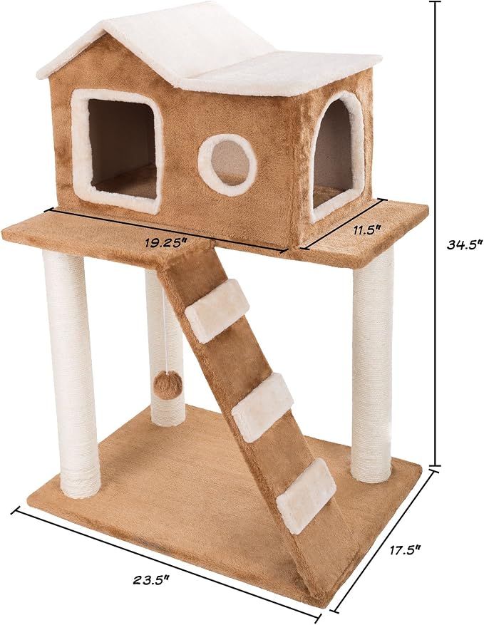 35in Cat Tree with Climb-Up Ladder, Cat Condo, 3 Sisal Rope Cat Scratching Posts - Image 2