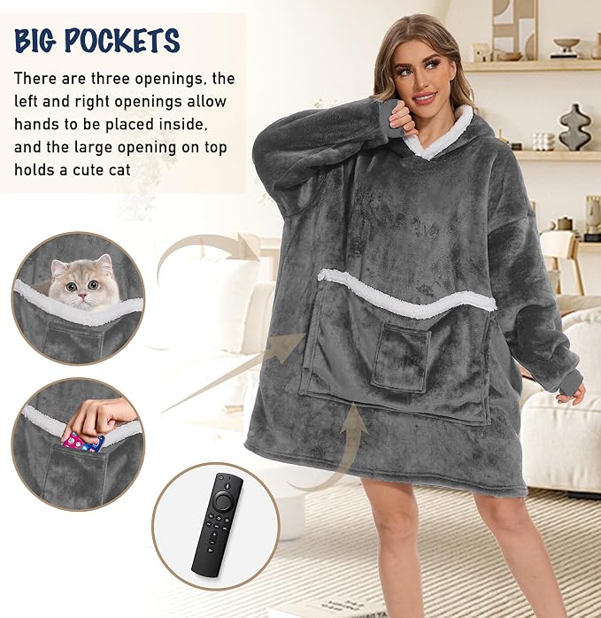 Wearable Blanket Hoodie with Giant Pocket, Soft Warm Sherpa Fleece Oversized - Image 4