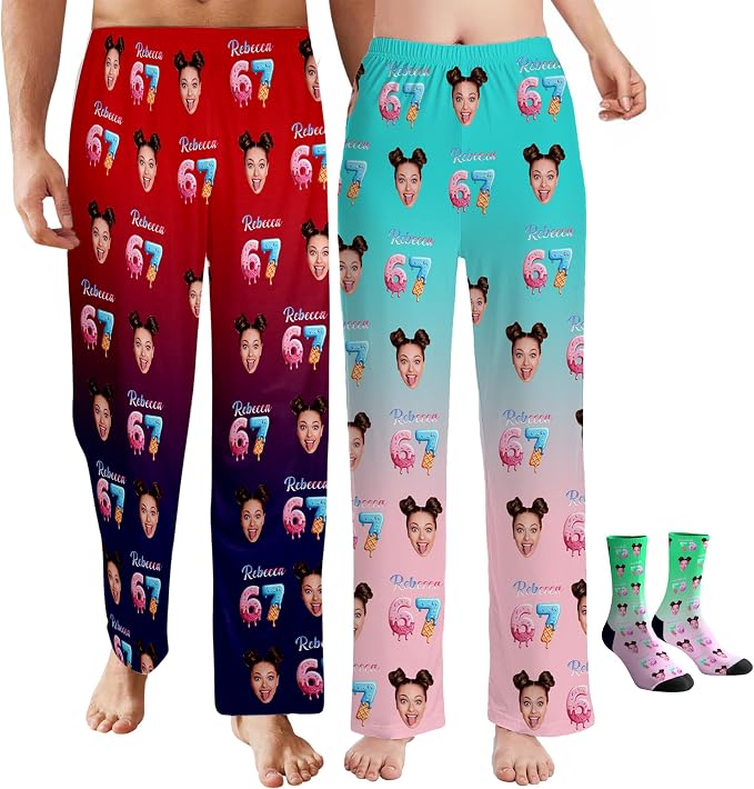 Custom Pajama Pants for Women Men, Personalized 67 Name Photo PJ Family Six by Artsadd