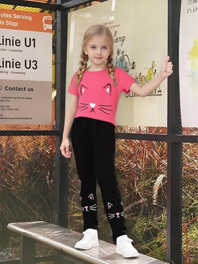 4-8T Toddler Girl Clothes Cat face print Short Sleeve Top+Pants Outfits Girl - Image 3