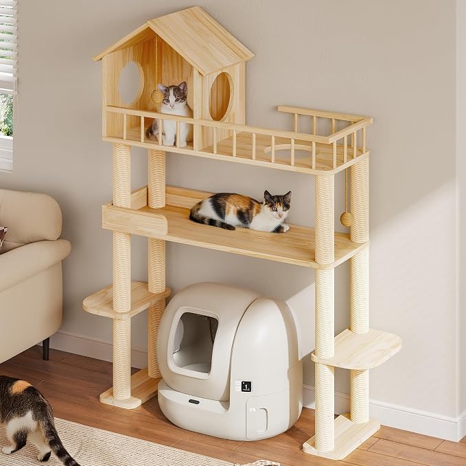 Wood Cat Tower for Automatic Litter Box, 60.2" H Tall Cat Tree for Self - Image 7