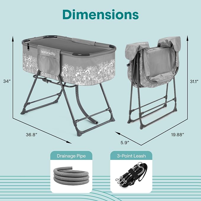 SereneLife Foldable Dog Bath Tub with Adjustable Height, 360° Access, Drain Hose & Storage Pockets – 130 lb Capacity Grooming Station for Indoor/Outdoor Use (Gray) - Image 7