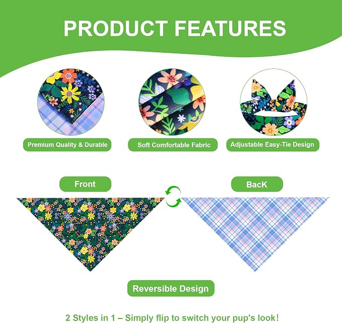 Spring Plaid Dog Bandana for Medium Large Dogs, Reversible 2 Patterns in 1 - Image 3