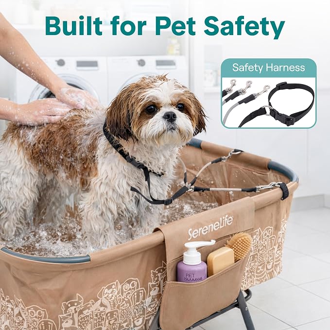 SereneLife Foldable Dog Bath Tub with Adjustable Height, 360° Access, Drain Hose & Storage Pockets – 130 lb Capacity Grooming Station for Indoor/Outdoor Use (Beige) - Image 5