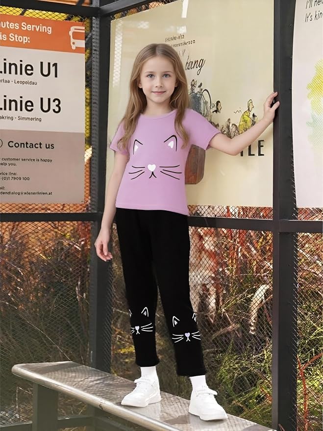 4-8T Toddler Girl Clothes Cat face print Short Sleeve Top+Pants Outfits Girl - Image 5