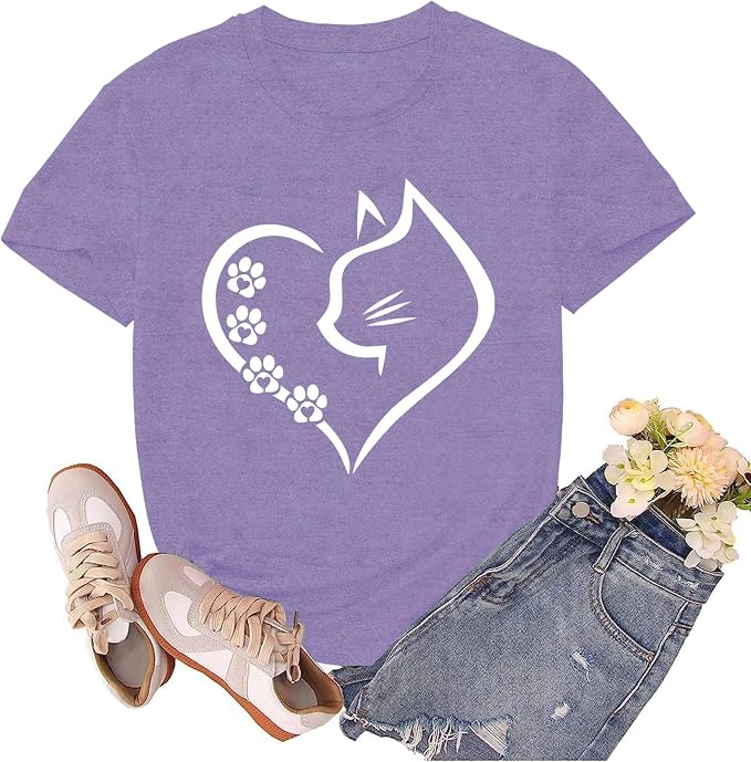 Cat Shirts for Women Cat Mom Tshirts Pet Lover Shirt Cats Paw Print Tee Tops by sallrue