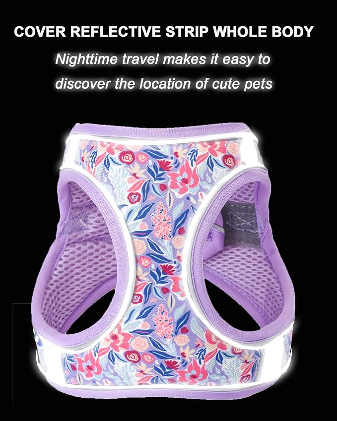 M Light Purple Flower Pattern Dog Harness and Leash Set, No Escape Puppy - Image 5