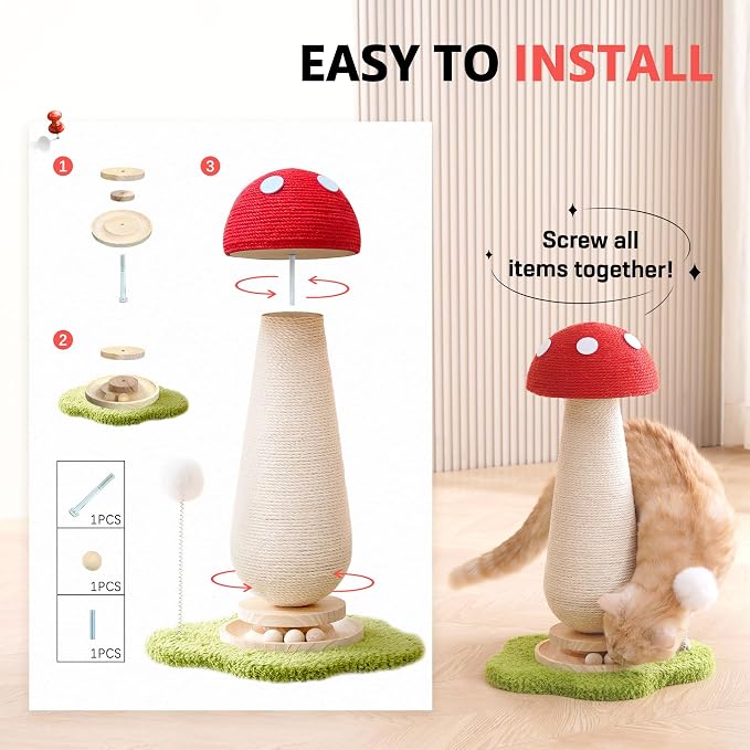 Mushroom Cat Scratching Post Cat Tree, 21.5‘’ H Cute Cat Scratcher Tower - Image 9