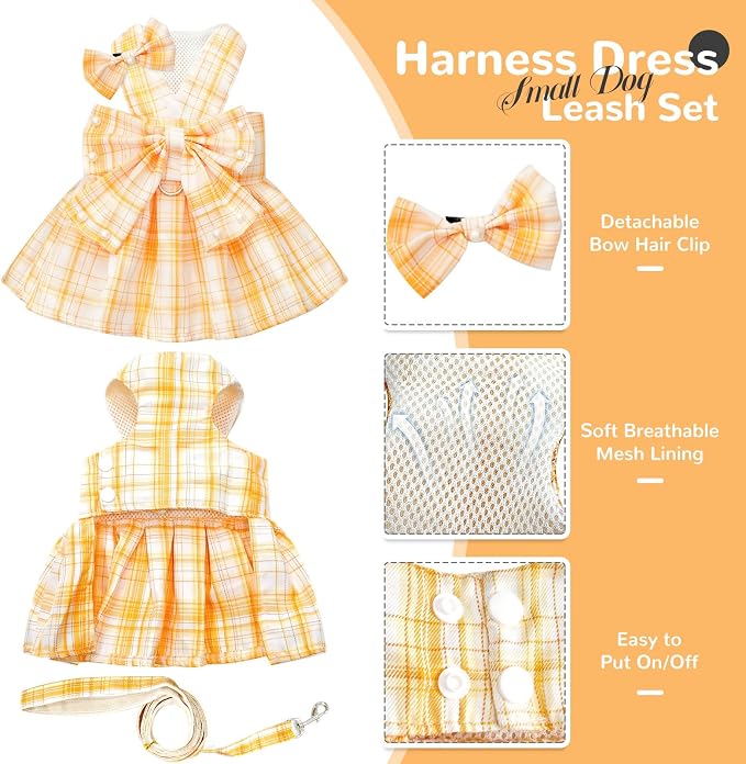PETCARE Cute Dog Dress Clothes for Small Dogs Cats Girl Female Yellow Plaid Bow - Image 5