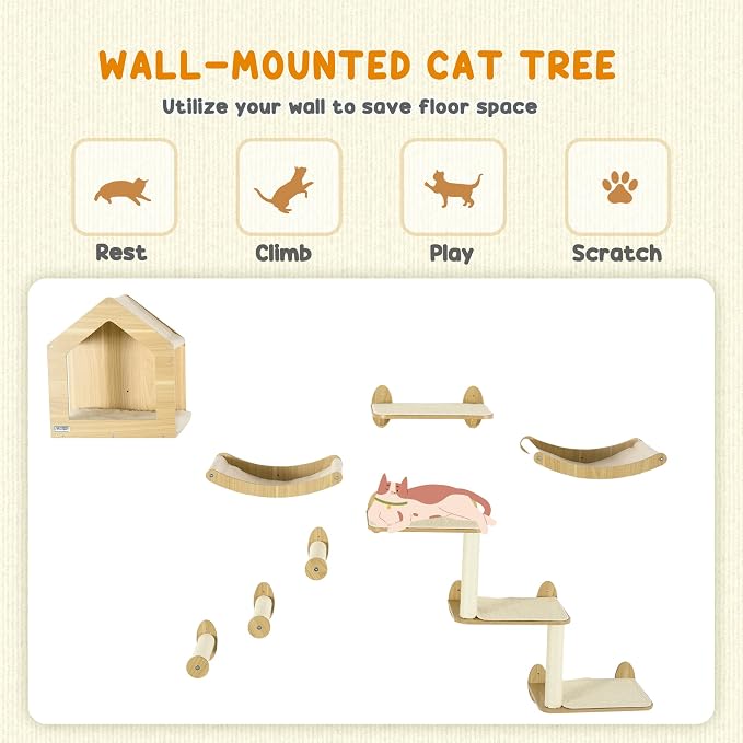 PawHut 8Pcs Wall Mounted Cat Tree Cat Shelf Set, Wall Furniture - Image 3