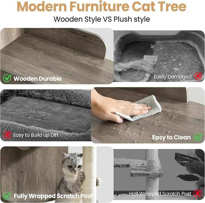 Modern Wood Cat Tree Tower for Indoor Large Cats, Cat Scratching Posts - Image 6