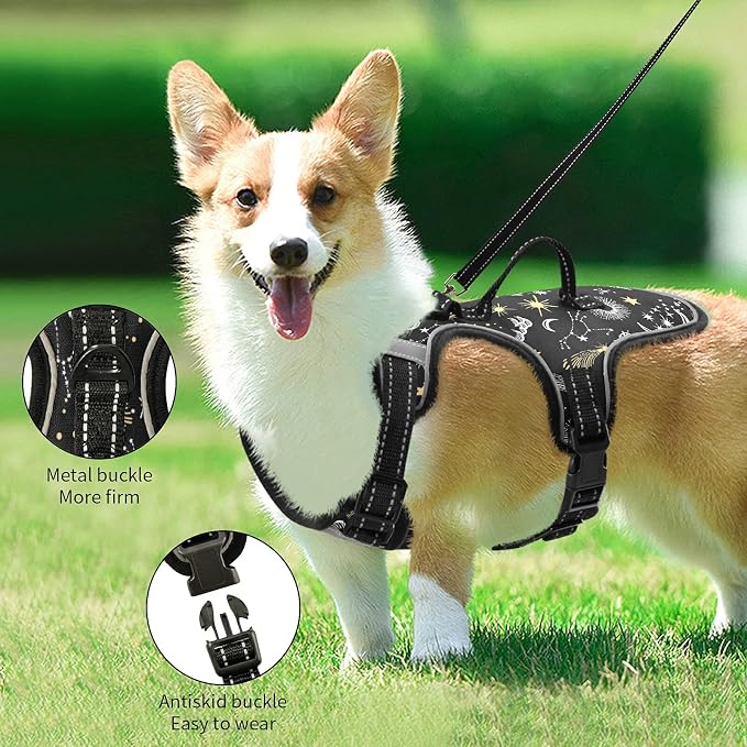 Yellow Stars and White Moon Dog/Cat Harness, Reflective No-Pull Pet Harness - Image 4