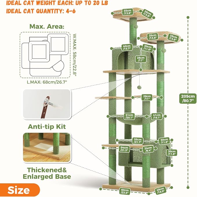 PAWZ Road Heavy Duty Cat Tree for Large Cats, 81 Inches Cactus Tall Cat Tower - Image 7