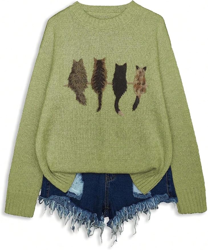 WDIRARA Women's Cat Graphic Sweater Long Sleeve Crew Neck Knit Tops Casual - Image 5