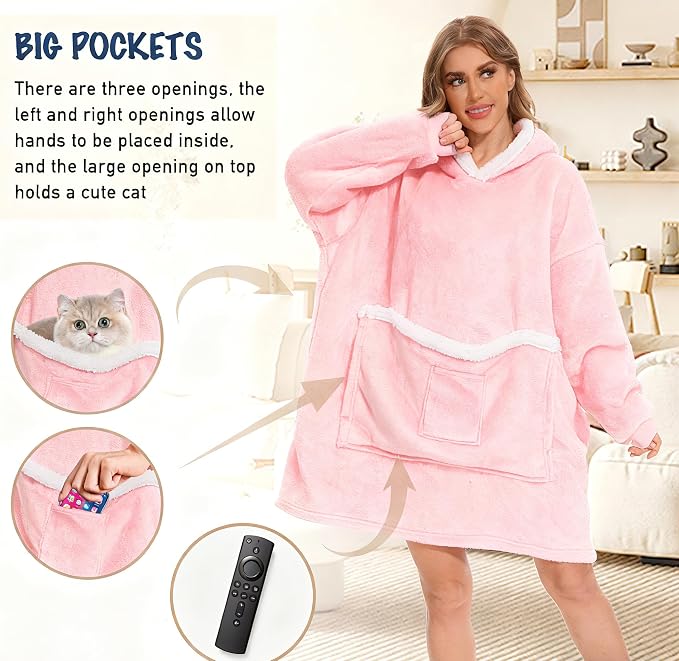 Wearable Blanket Hoodie with Giant Pocket, Soft Warm Sherpa Fleece Oversized - Image 2