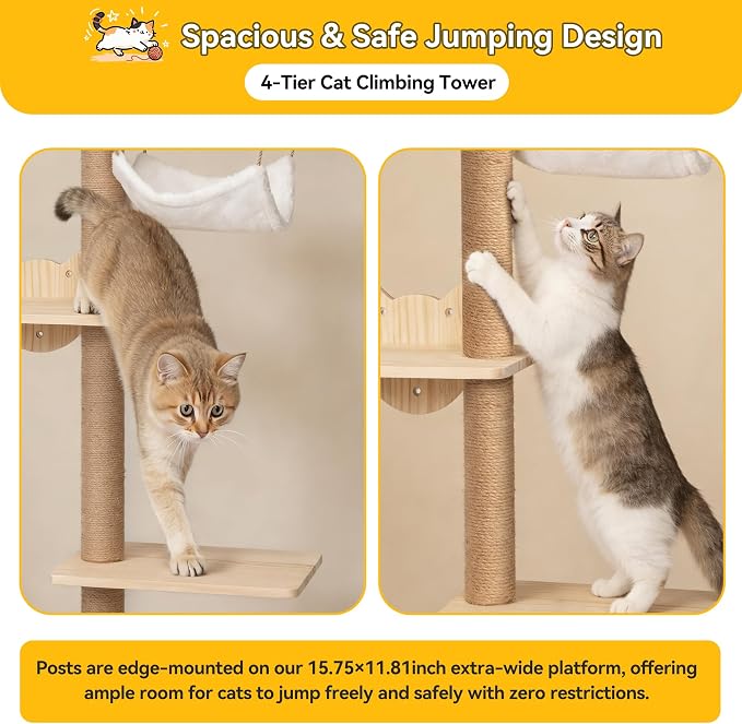 COZIWOW Cat Tree Wall Mounted 4 Tier Cats Climbing Tower 69" Sisal Scratching - Image 4