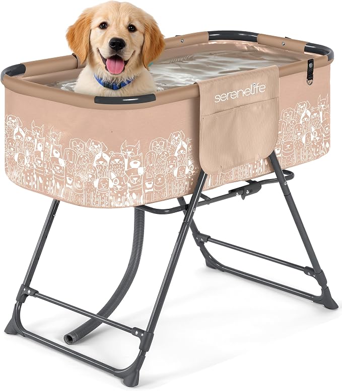 SereneLife Foldable Dog Bath Tub with Adjustable Height, 360° Access, Drain Hose & Storage Pockets – 130 lb Capacity Grooming Station for Indoor/Outdoor Use (Beige) by SereneLife