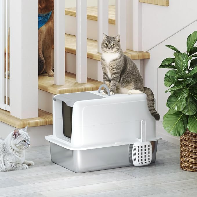 PawHut Stainless Steel Cat Litter Box, Extra Large 2 in 1 Metal Kitty Litter Pan - Image 8