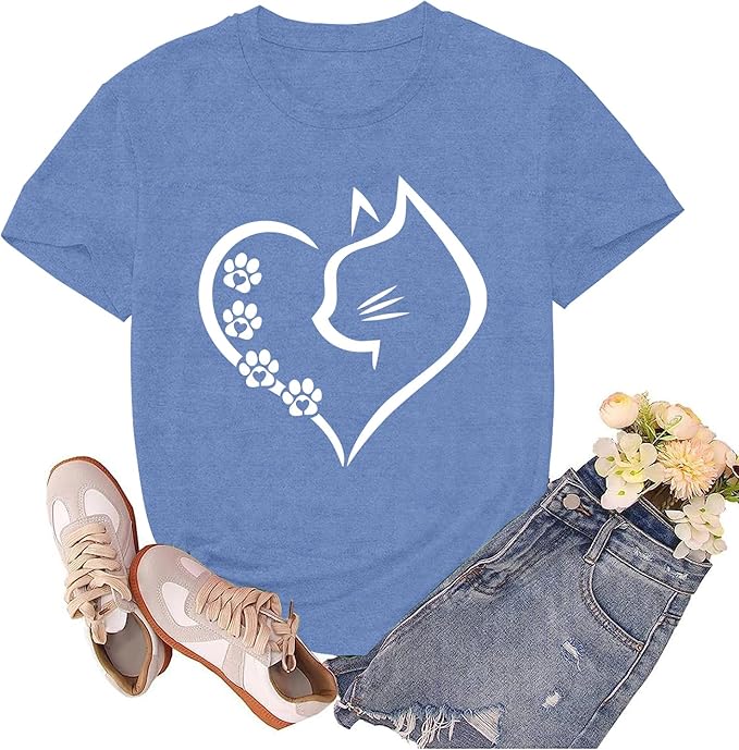 Cat Shirts for Women Cat Mom Tshirts Pet Lover Shirt Cats Paw Print Tee Tops by sallrue