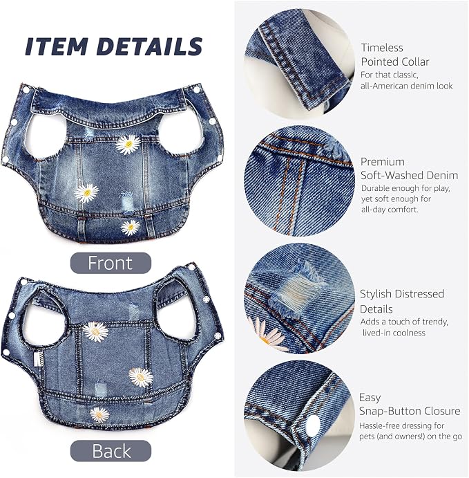 Dog Denim Jacket with Embroidered Daisy, Ripped Vintage Jean Vest - Image 2