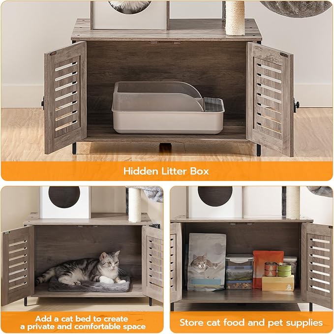 HOOBRO Cat Tree with Litter Box Enclosure, 27.6" L x 18.9" W x 52" H, - Image 5
