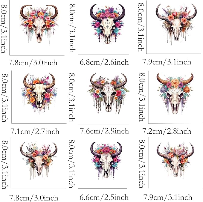 9pcs Flower Cow Skull Iron On Heat Transfer Stickers Ready to Press Vinyl Decal - Image 2