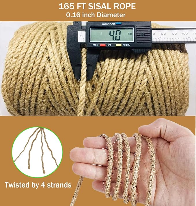 Sisal Rope for Cat Scratcher, Rope for Cat Scratch Post 4mm 164F Jute Twine for - Image 4