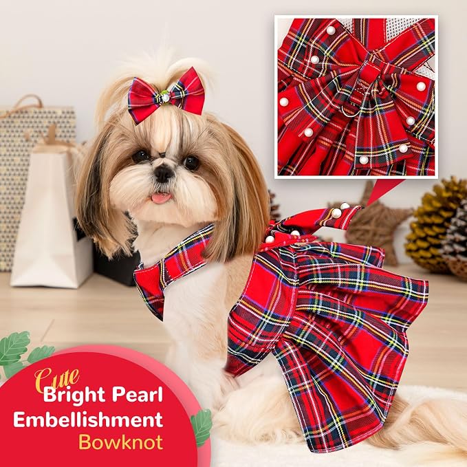 PETCARE Cute Dog Dress Clothes for Small Dogs Cats Girl Female Red Plaid Bow - Image 4