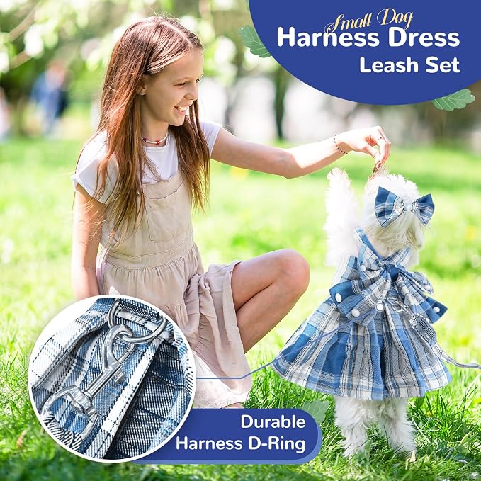 PETCARE Cute Dog Dress Clothes for Small Dogs Cats Girl Female Blue Plaid Bow - Image 2