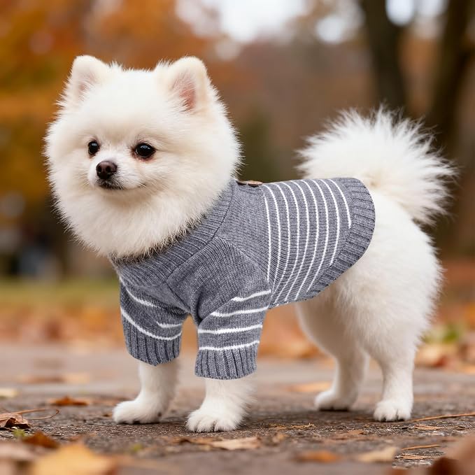 Dog Knitted Sweater with Wooden Buttons Cozy Pet Striped Winter Clothes - Image 7