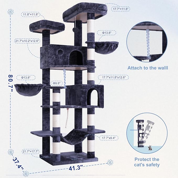 Tall Cat Tree, Large Cat Tower for Adult Cats, 80.7'' Heavy-Duty Cat Tree House - Image 8