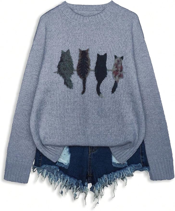 WDIRARA Women's Cat Graphic Sweater Long Sleeve Crew Neck Knit Tops Casual - Image 5
