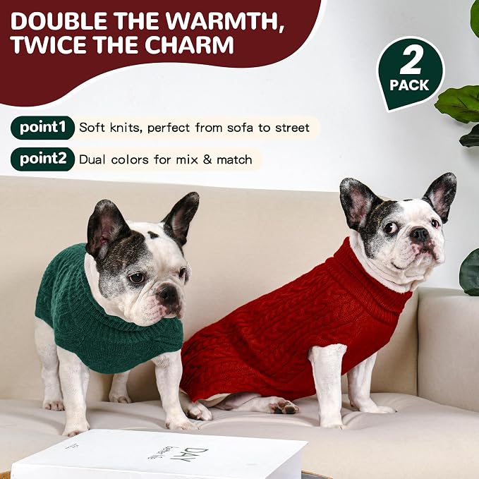2 Pack Dog Sweaters for Medium Dogs Winter Turtleneck Pullover Cable Knit - Image 2