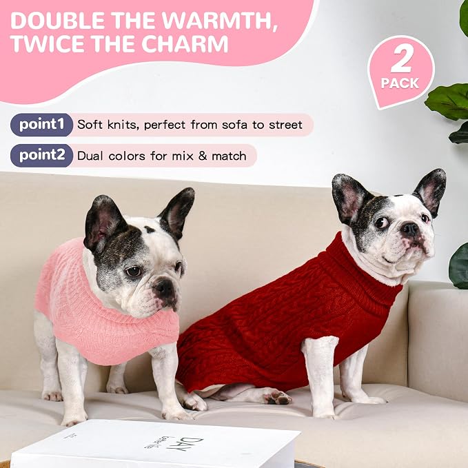 2 Pack Dog Sweaters for Medium Dogs Winter Turtleneck Pullover Cable Knit - Image 2